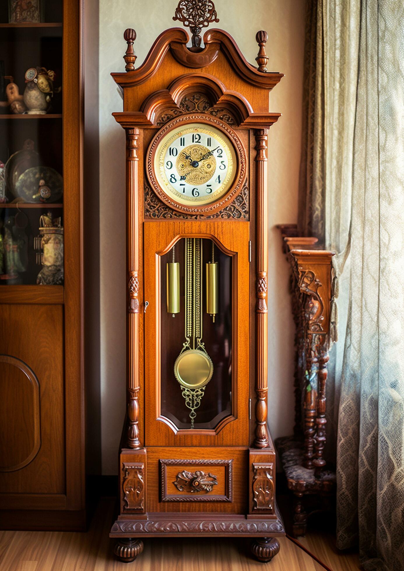 An antique pendulum clock hanging from a wall 35 mm photography AI