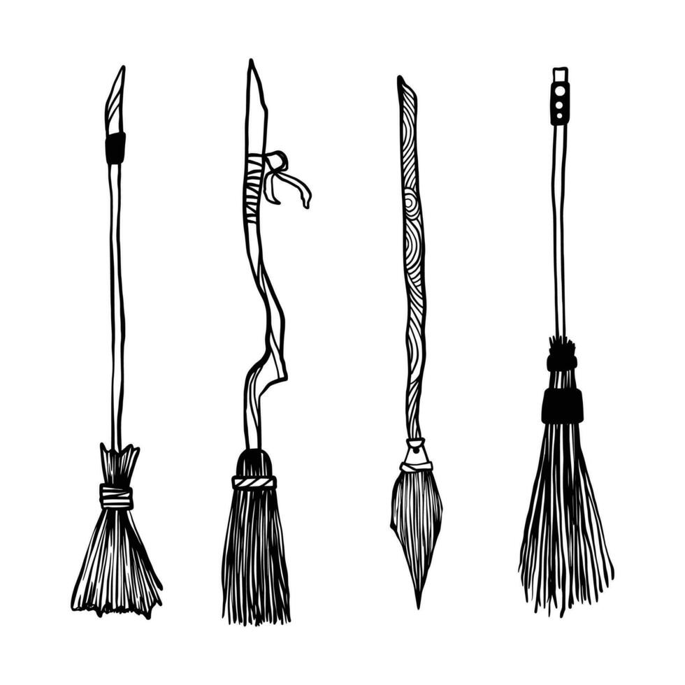 Black silhouette of witch broom. Halloween party. Isolated image of sorceress accessory. Wizard besom vector