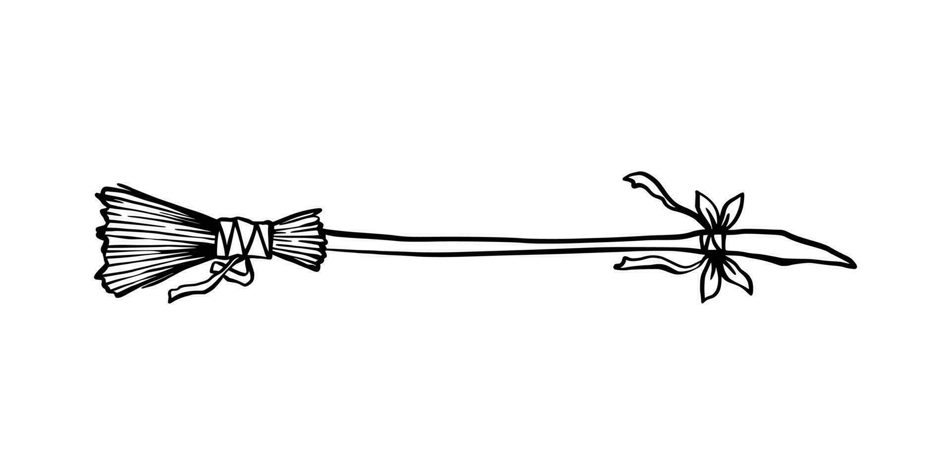 Black silhouette of witch broom. Halloween party. Isolated image of sorceress accessory. Wizard besom vector