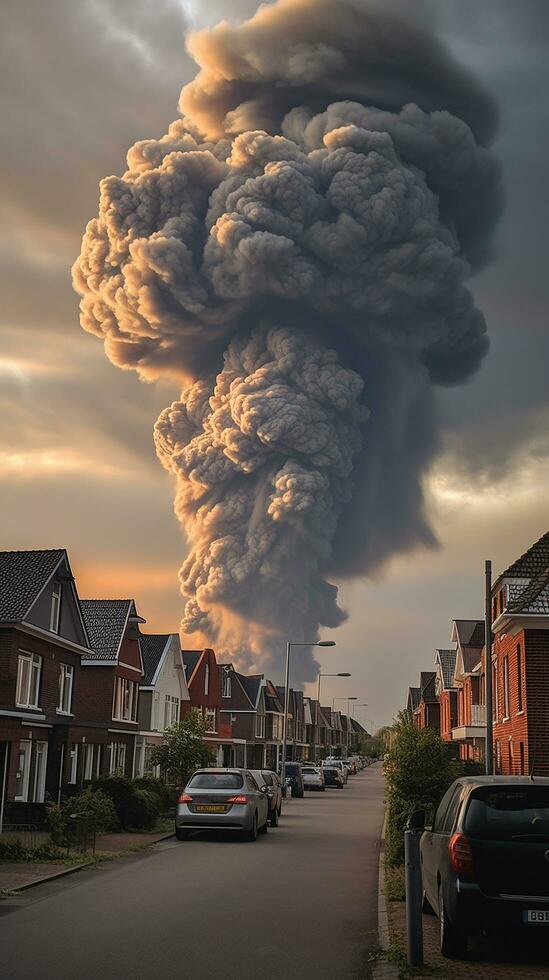 A black cloud rises over a residential street with parker AI Generated Image photo