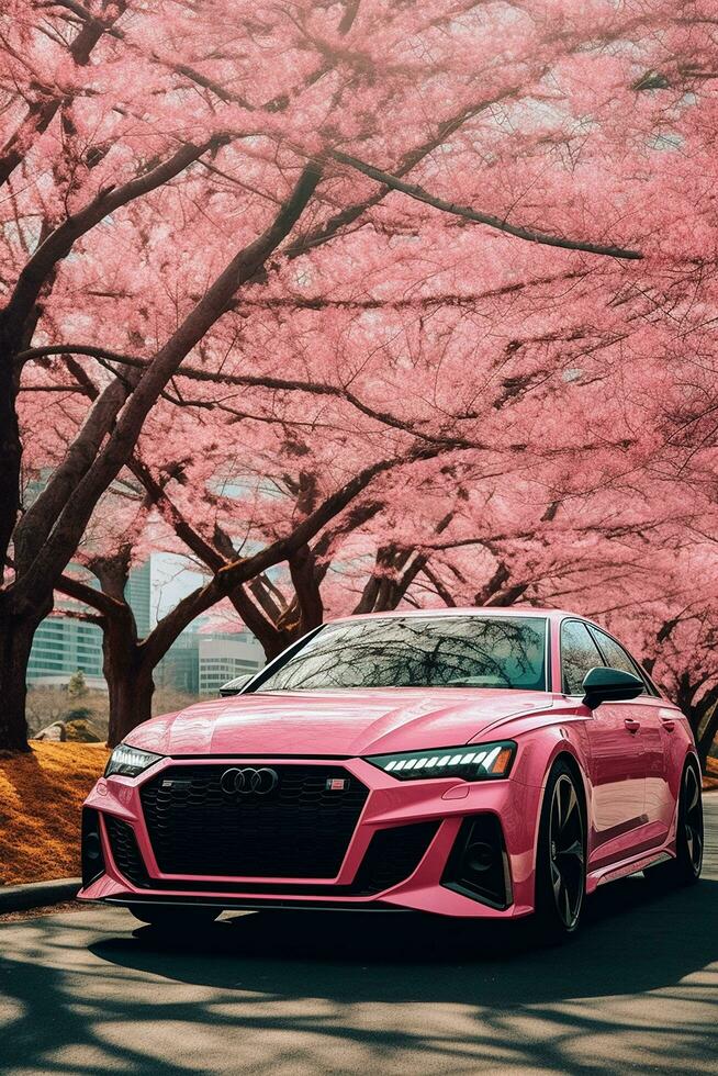 audi rs6 cherry blossom trees in background AI Generated Image photo