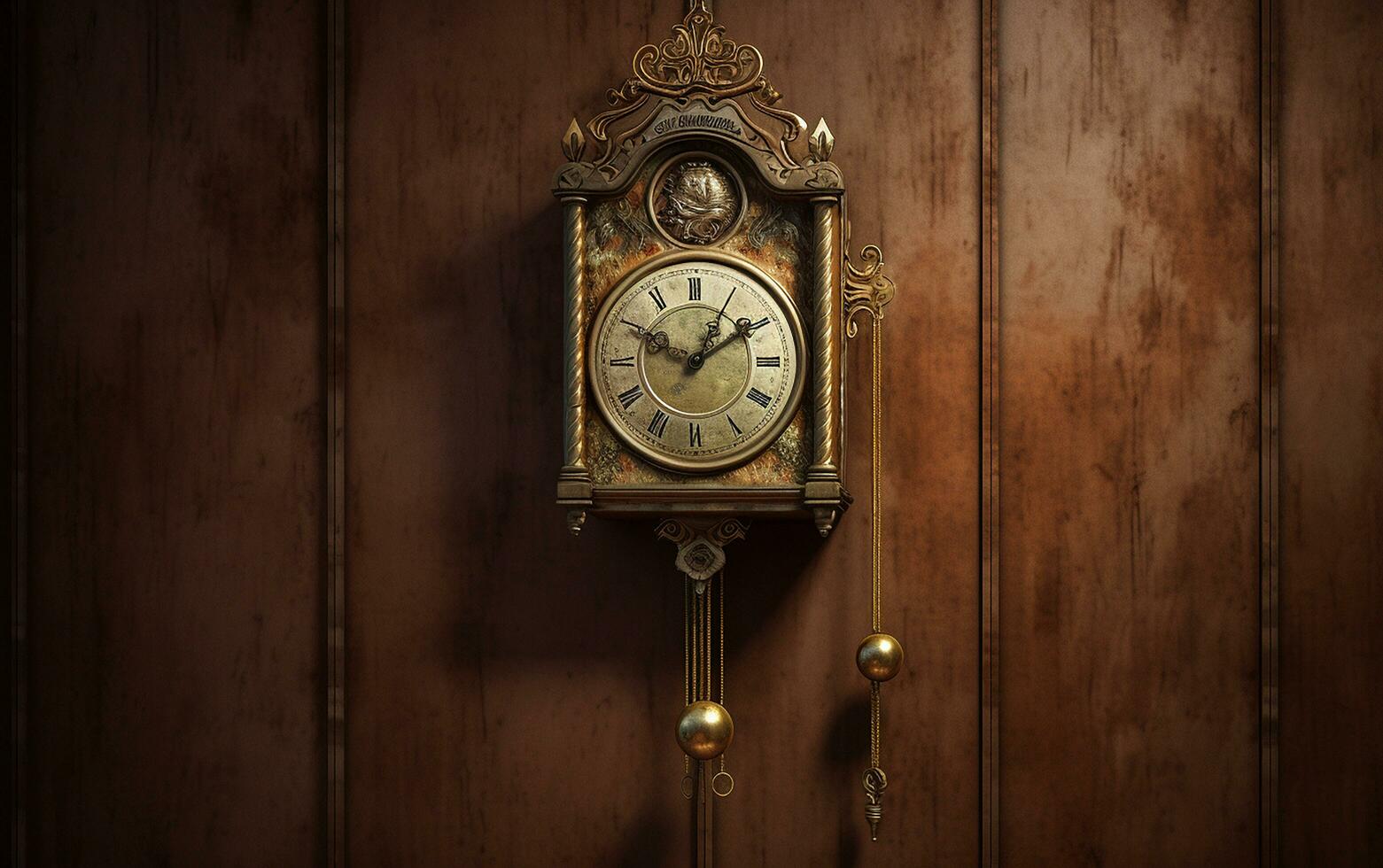 An antique pendulum clock hanging from a wall 35 mm photography AI Generated Image photo