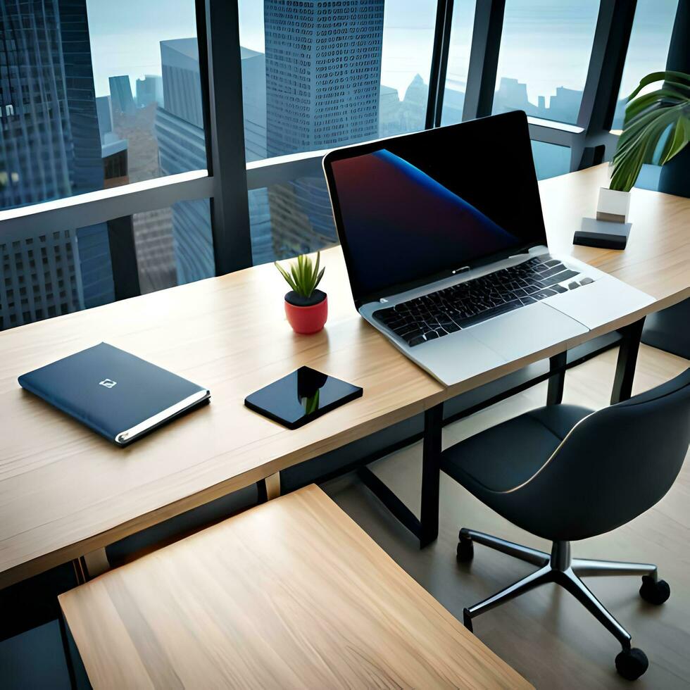 beautiful High view desk concept with laptop Ai Generated photo