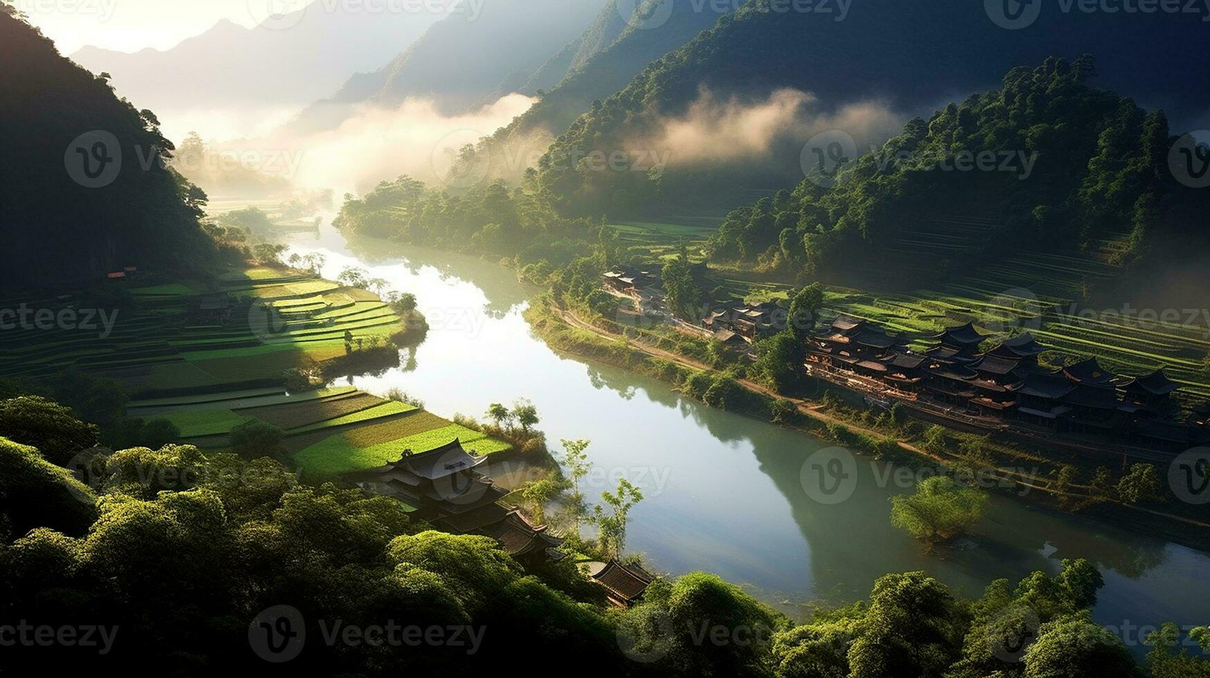 The distant scenery is taken from above refreshing AI Generated Image photo