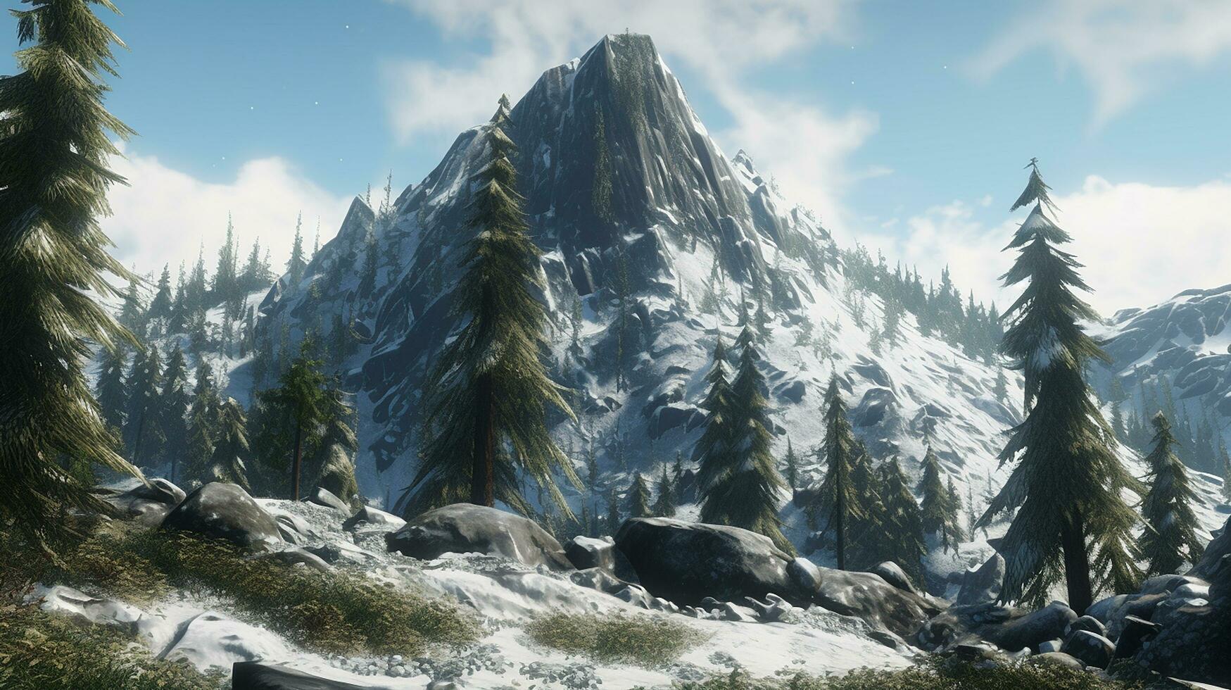 a snow covered mountain next to some trees photography AI Generated Image photo