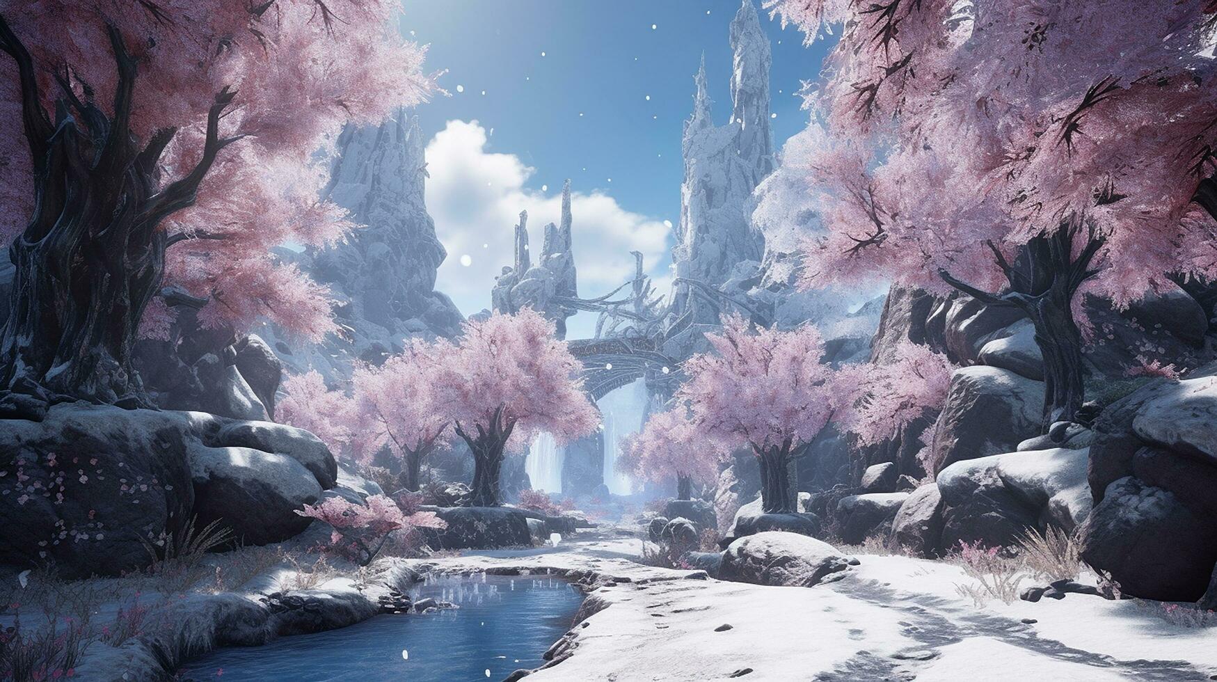 a snow covered mountain next to some trees photography AI Generated Image photo