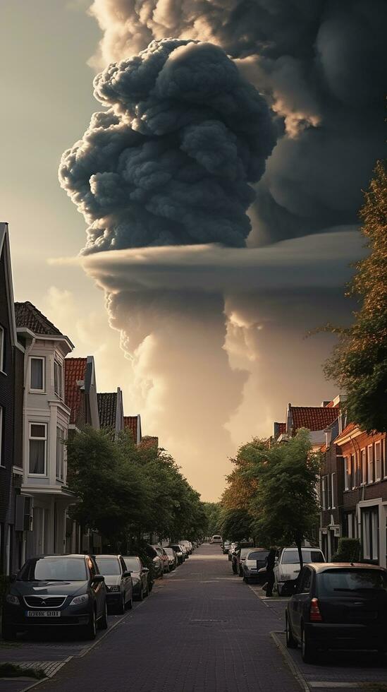 A black cloud rises over a residential street with parker AI Generated Image photo