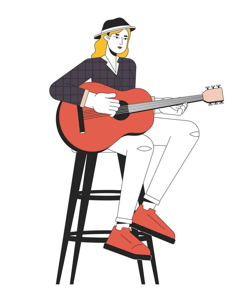 hembra guitarrista jugando país música línea dibujos animados plano ilustración. europeo adulto mujer país cantante 2d arte lineal personaje aislado en blanco antecedentes. música ejecutante escena vector color imagen