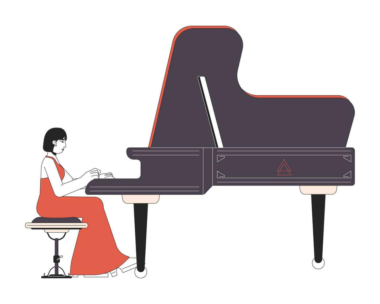 Grand piano player female line cartoon flat illustration. Asian adult woman pianist in recital dress 2D lineart character isolated on white background. Classical musician scene vector color image