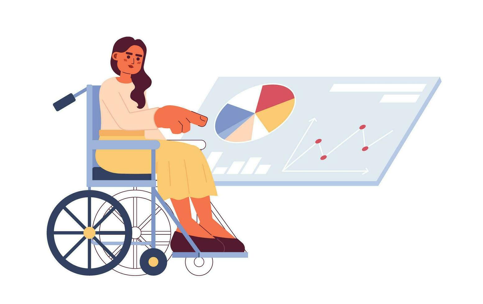 Wheelchair woman touching virtual screen 2D cartoon character. Indian young adult lady studying data dashboard isolated vector person white background. Analyst female color flat spot illustration