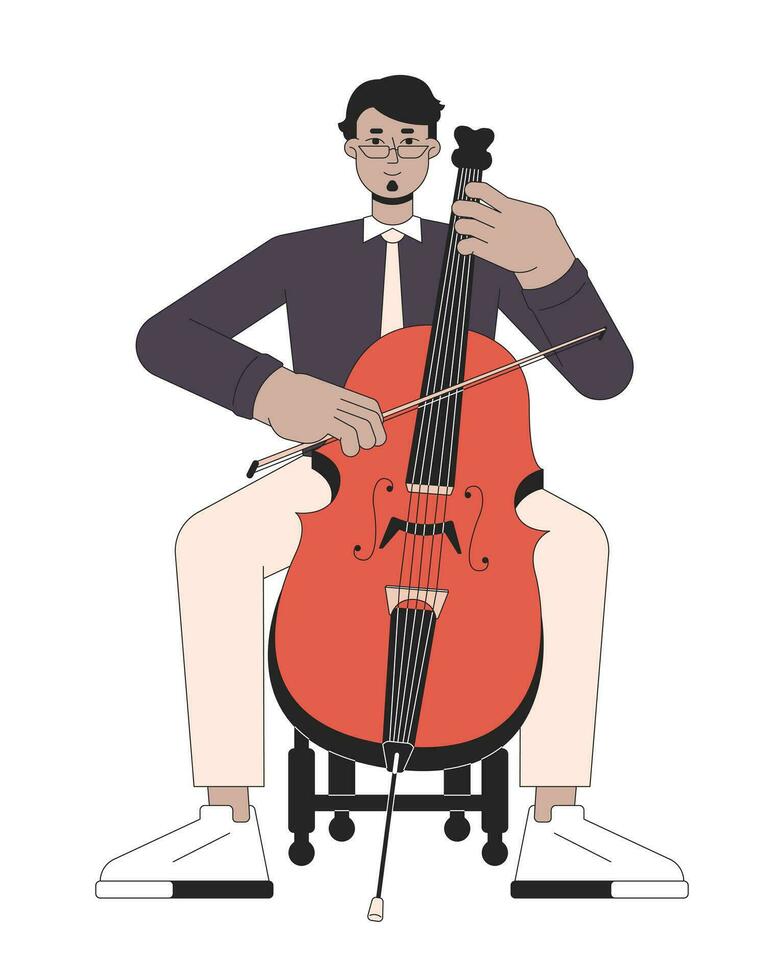 violonchelo músico línea dibujos animados plano ilustración. medio oriental adulto hombre con musical violoncelo 2d arte lineal personaje aislado en blanco antecedentes. violoncelista sinfonía escena vector color imagen