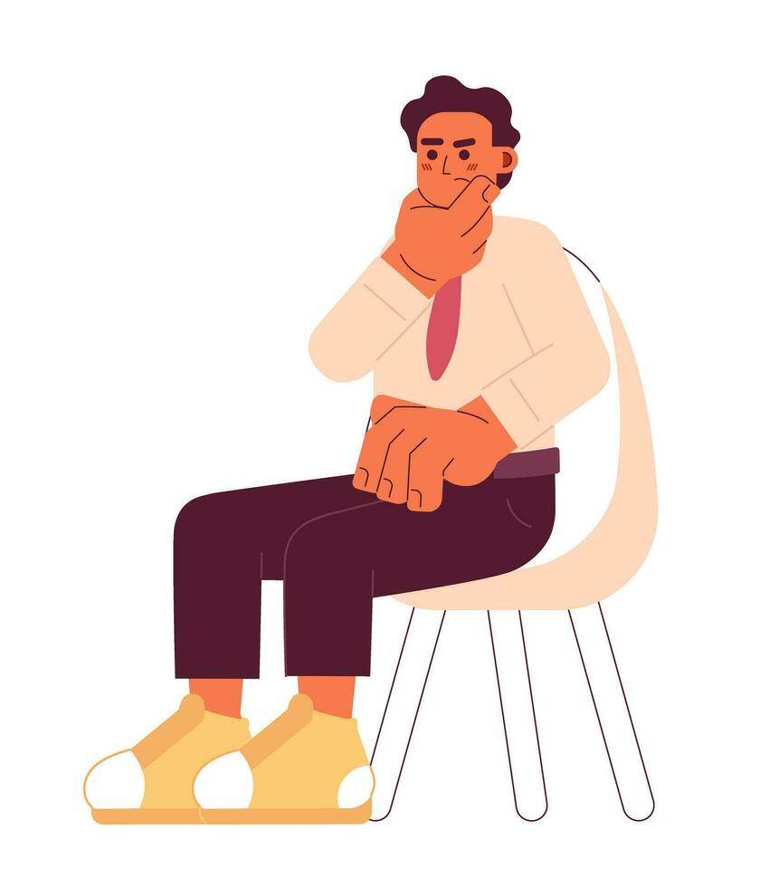 Middle eastern man rubbing chin 2D cartoon character. Brainstorming male office worker sitting on chair isolated vector person white background. Entrepreneur thinking guy color flat spot illustration
