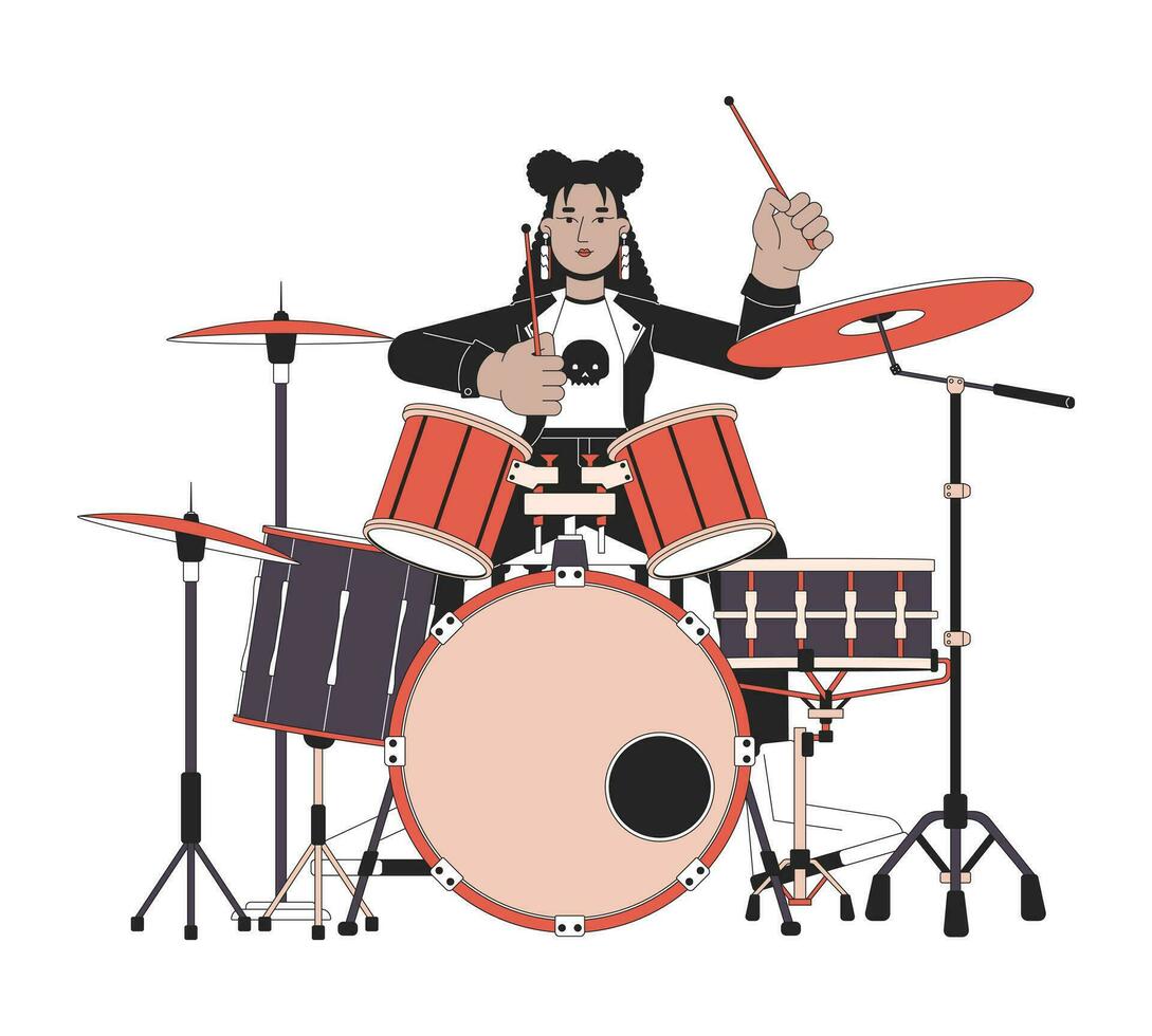 Female drummer rocker line cartoon flat illustration. Hispanic young adult woman in punk rock clothes 2D lineart character isolated on white background. Rocker rockstar scene vector color image