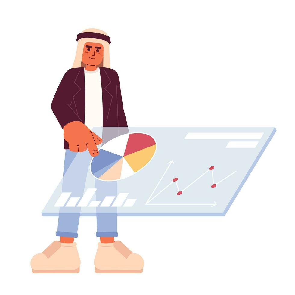 saudi hombre conmovedor márketing analítica tablero 2d dibujos animados personaje. joven adulto saudi masculino reunión datos aislado vector persona blanco antecedentes. mercado estudiar color plano Mancha ilustración