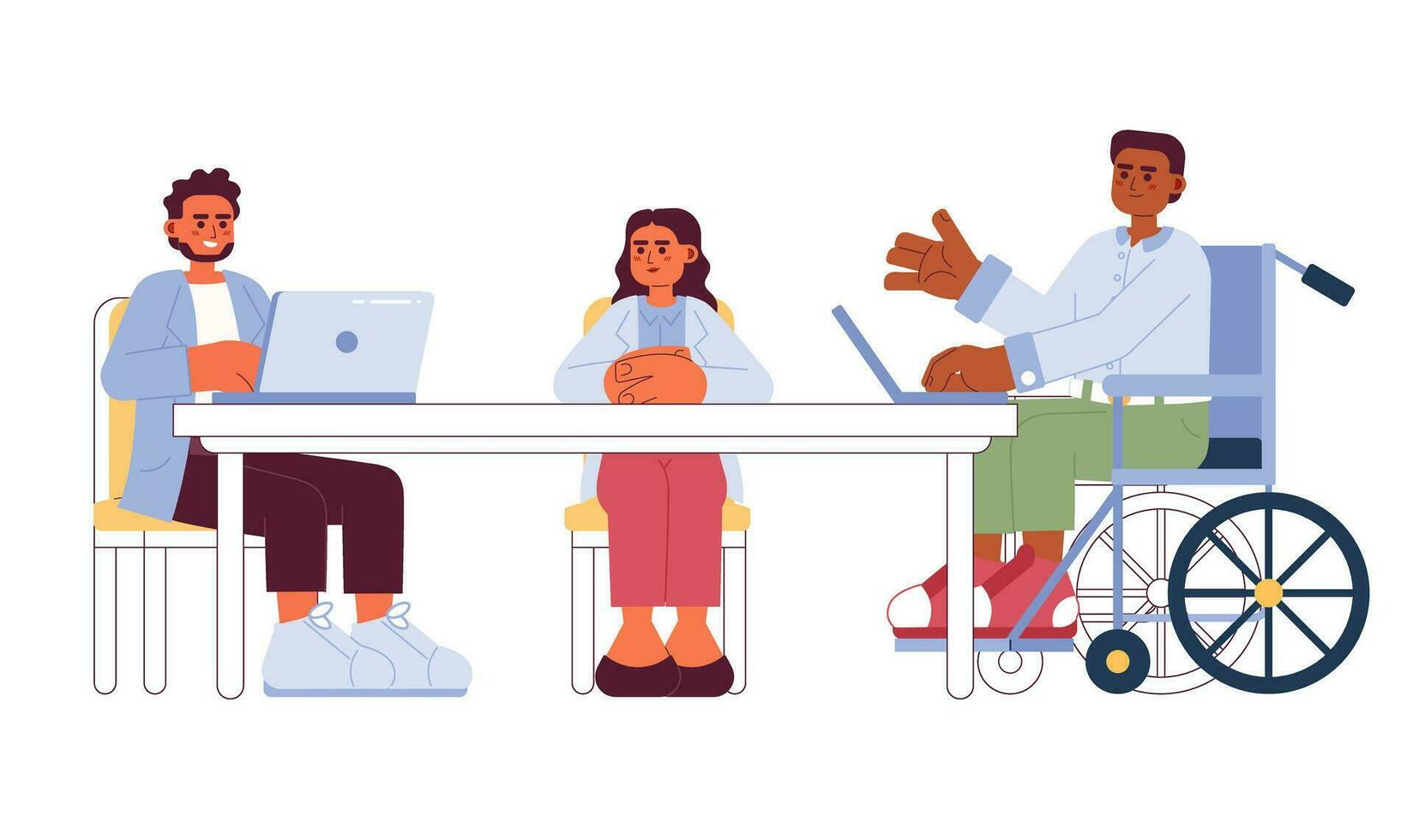 Boardroom meeting multicultural cartoon flat illustration. Diverse leaders discussing 2D characters isolated on white background. Brainstorming ideas. Inclusive workplace scene vector color image