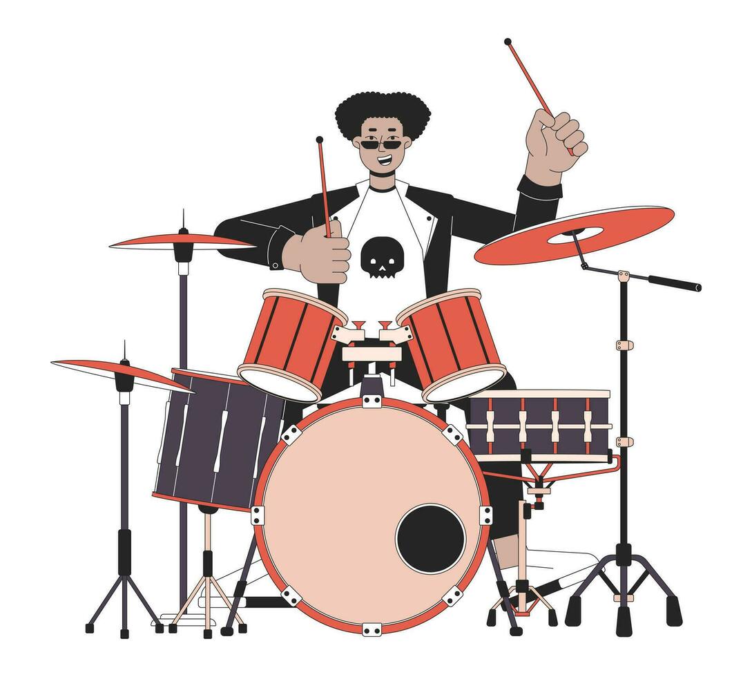 Drummer rock and roll line cartoon flat illustration. Hispanic young adult man in punk rock 2D lineart character isolated on white background. Rockstar male beats drumming scene vector color image