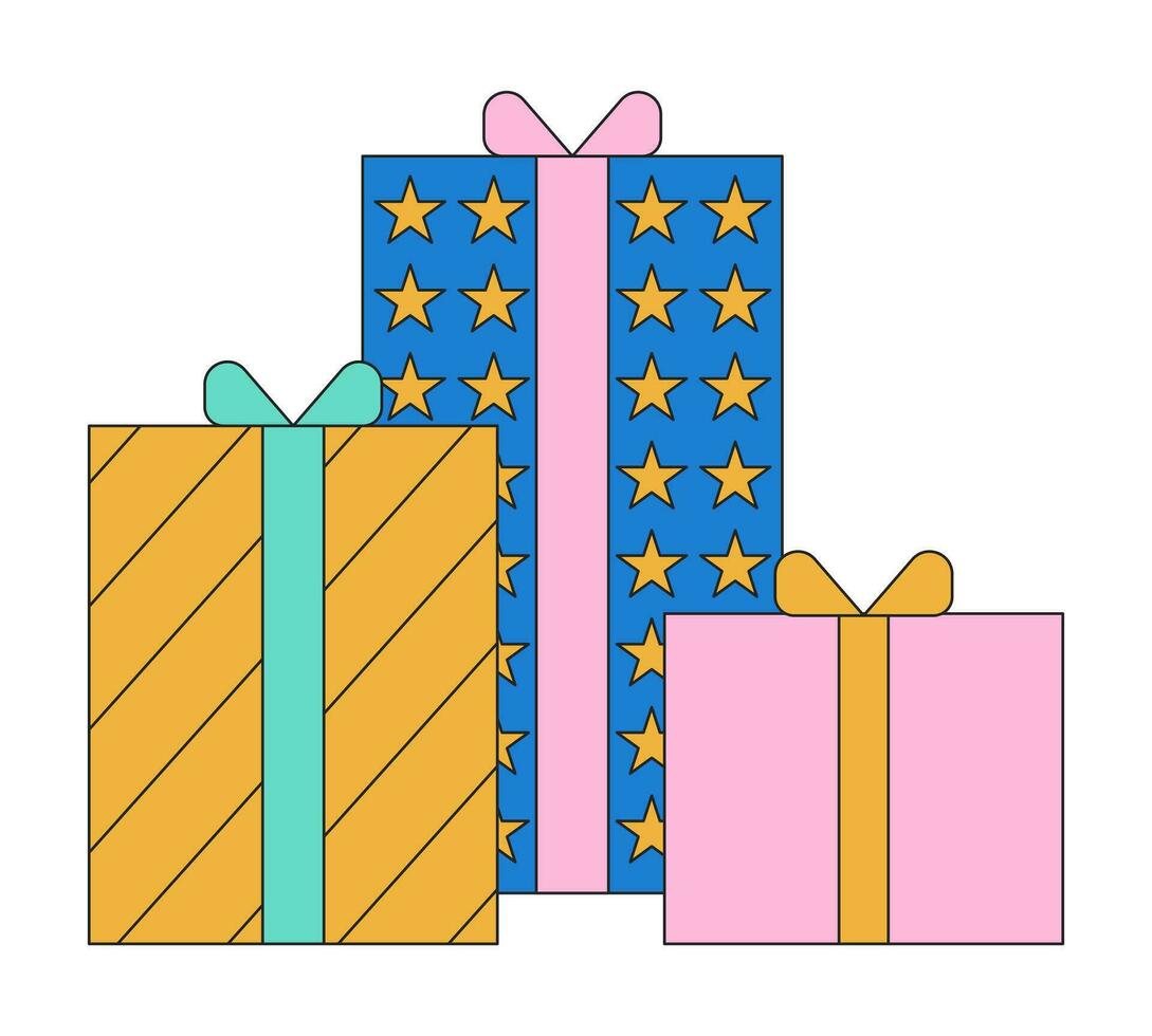 Birthday bonus gift boxes 2D linear cartoon object. Black Friday holiday deals isolated line vector element white background. Promotional awards. Presents Christmas color flat spot illustration