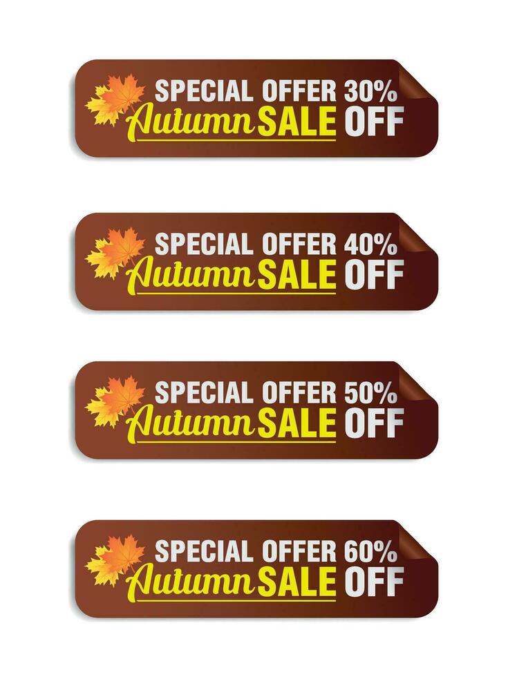 Special offer autumn sale brown long stickers set. Sale 30, 40, 50, 60 off discount vector