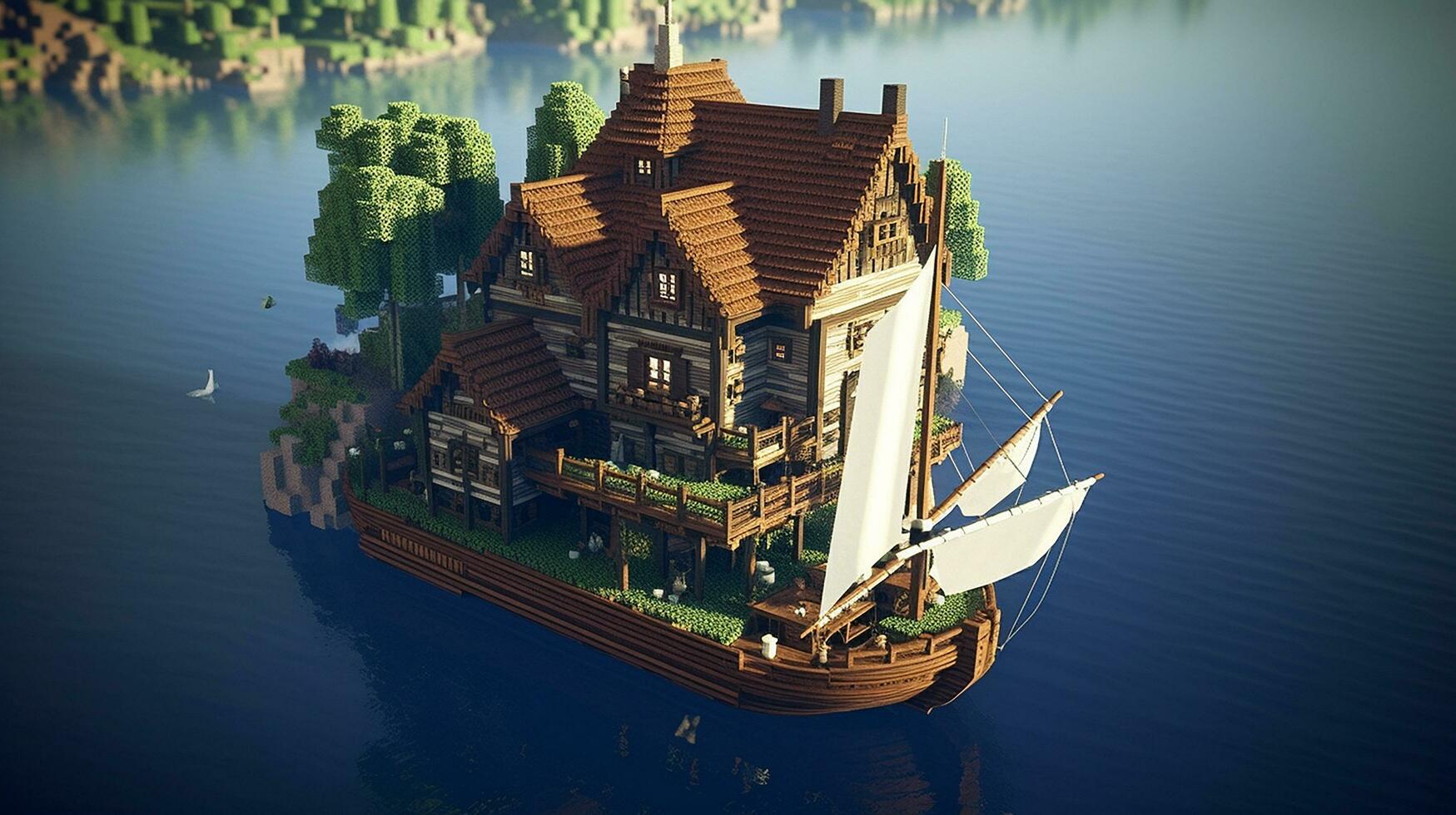 a boat with a nice house around water AI Generated Image photo