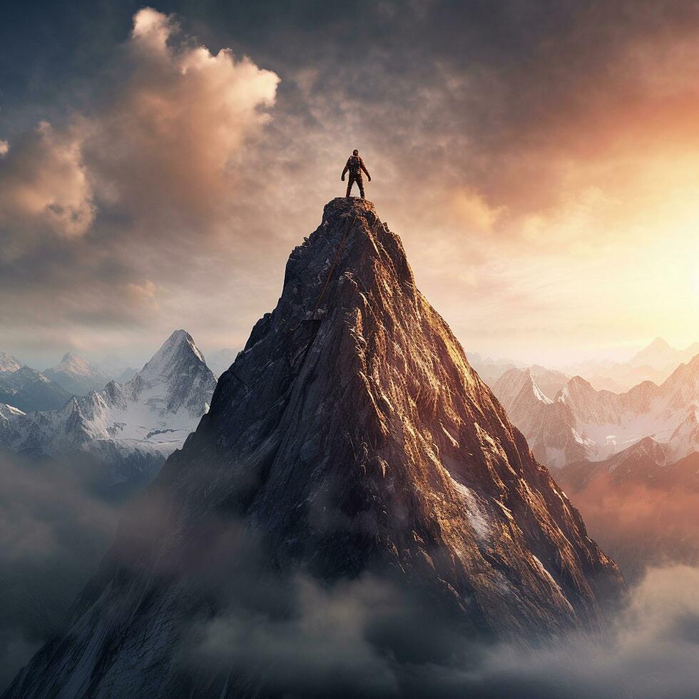 un persona conquistador un montaña pico simbolizando superar ai generado imagen foto