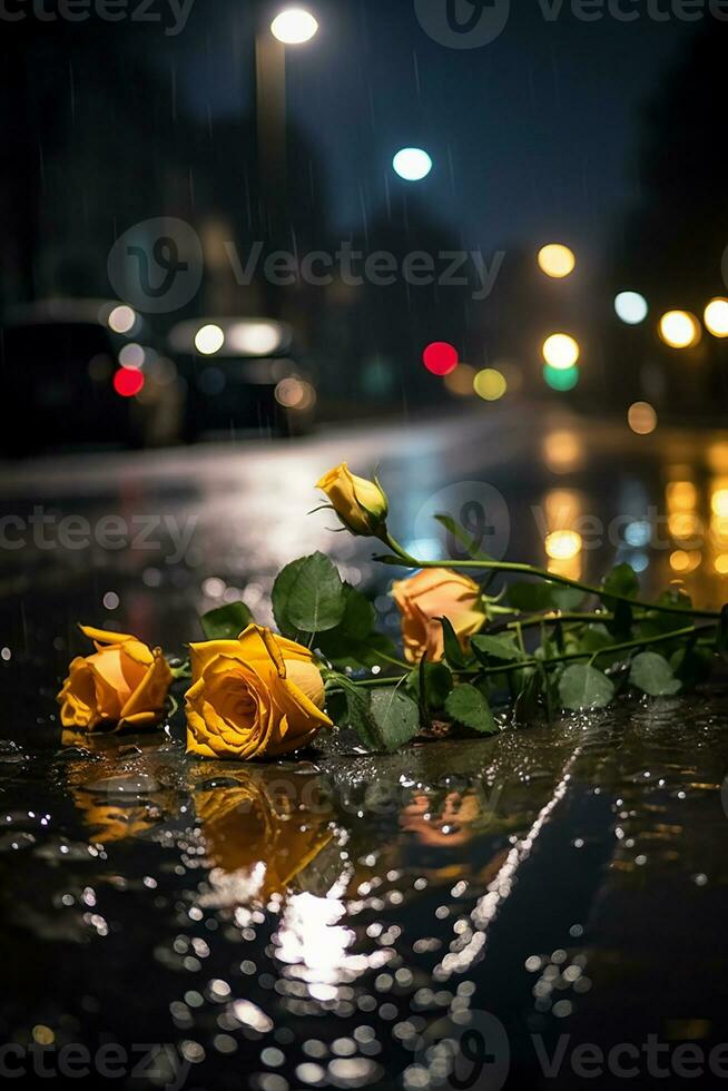 City night rain road wet by rain street lights a few rose AI Generated Image photo