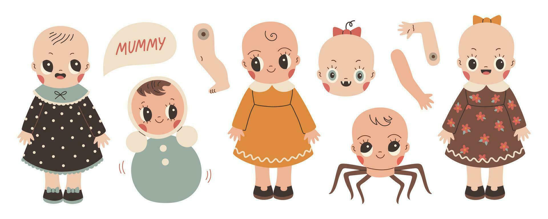 Creepy doll set. Cute Halloween dolls isolated on white flat vector. Halloween sticker, poster, banner, scrapbooking. Vector illustration