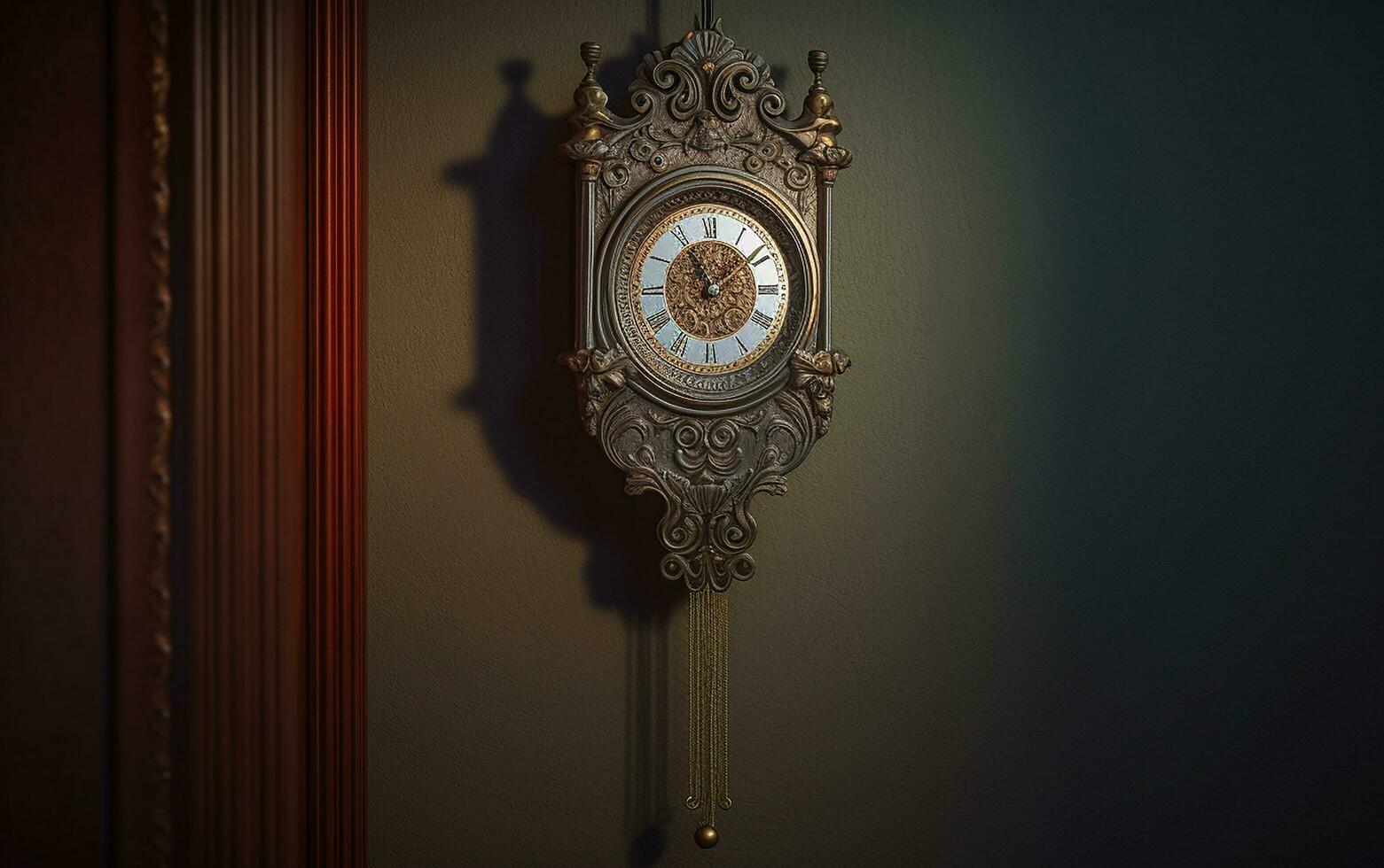 An antique pendulum clock hanging from a wall 35 mm photography AI Generated Image photo