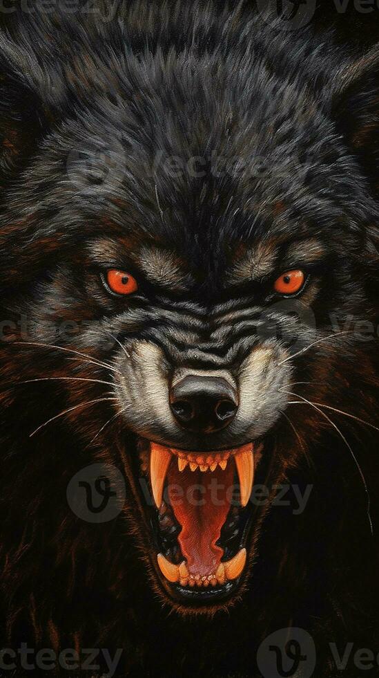 Black wolf angry close-up front view Beautiful wildlife AI Generated Image photo