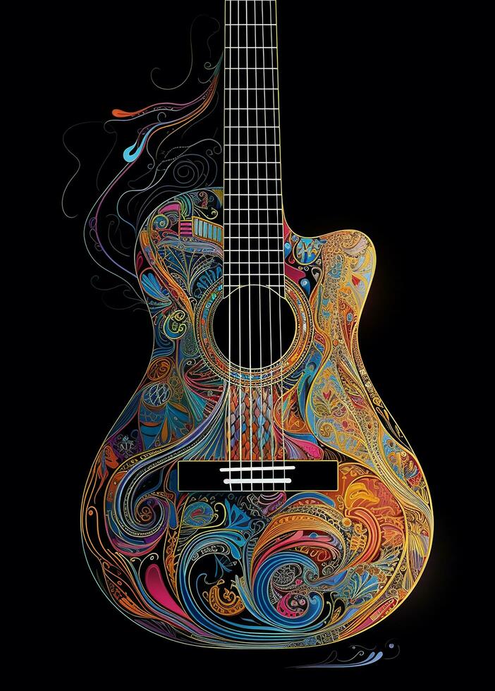 A colorful acoustic guitar on a dark background AI Generated Image photo