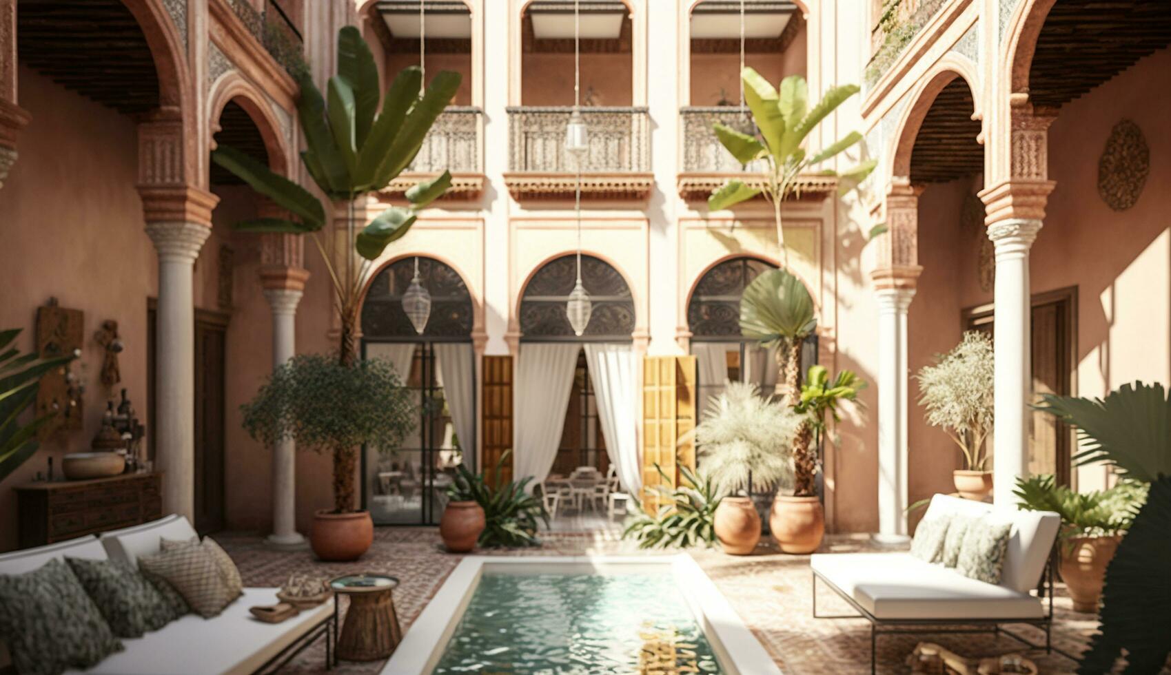 Amazing interior view of a enchanting open-air courtyard AI Generated Image photo