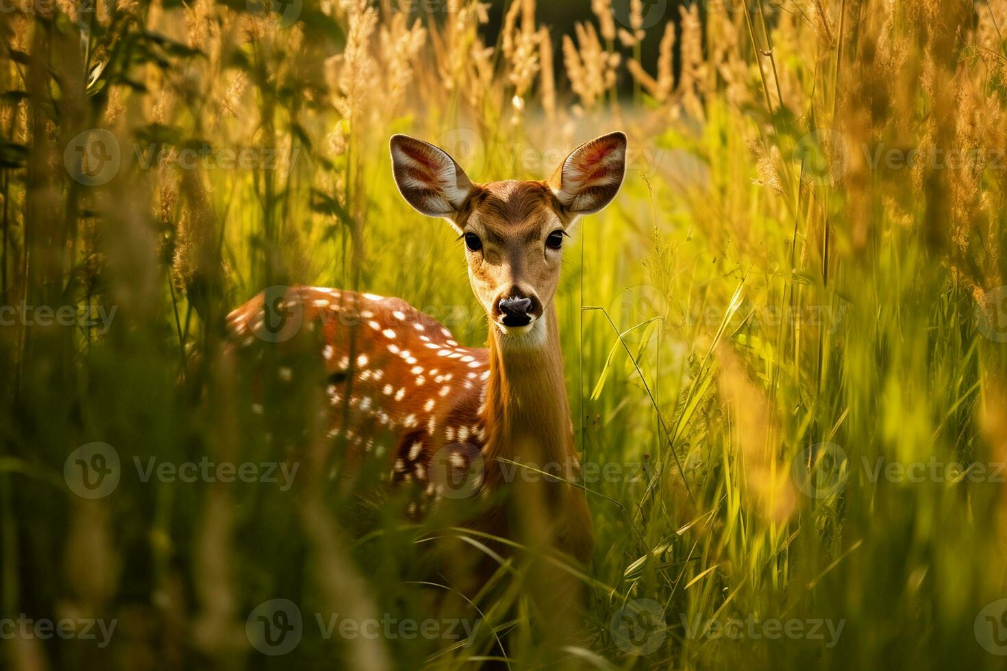 A deer is standing in the tall grass The sun shone on jungle AI Generated Image photo