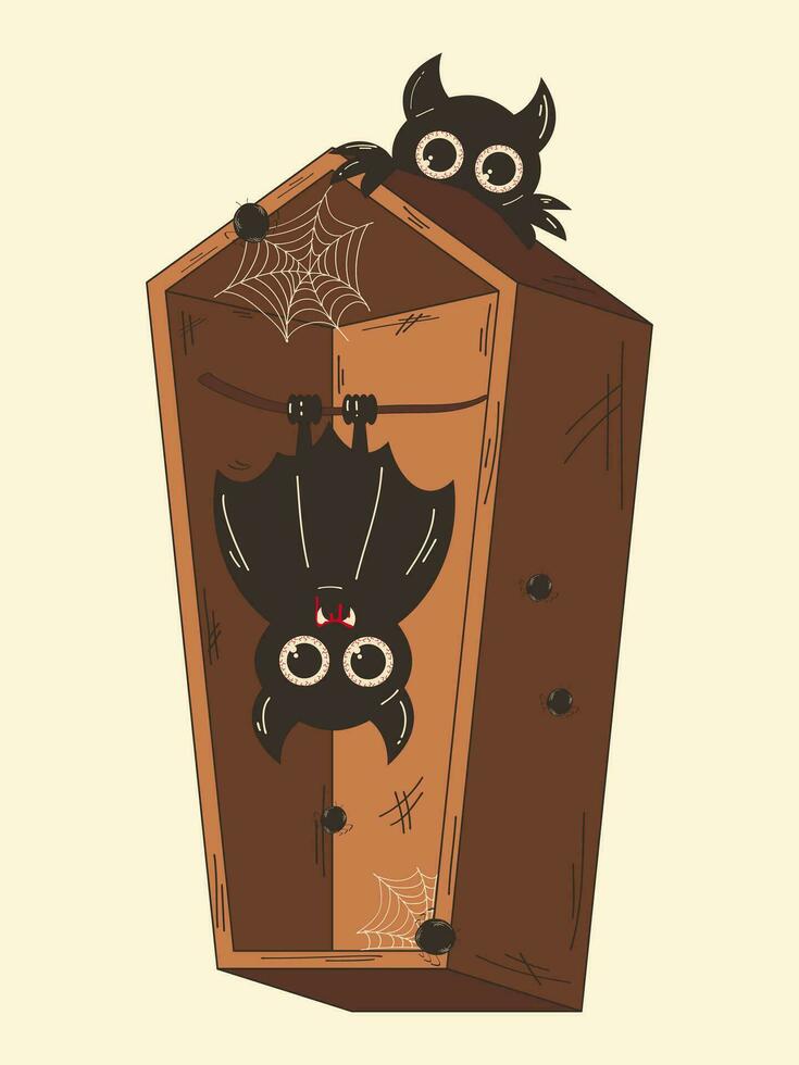 Bat in a coffin. Illustration on a Halloween theme in retro cartoon style. vector