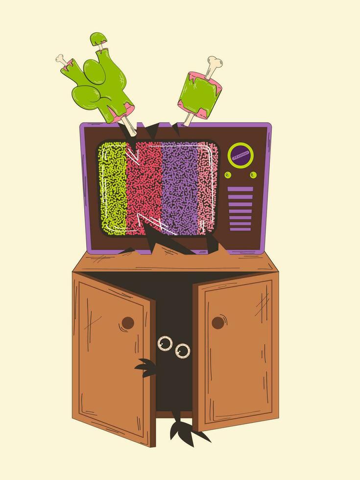 Scary TV monster in retro cartoon style. Horror themed scene. TV waves background, no signal. Ghost concept. vector