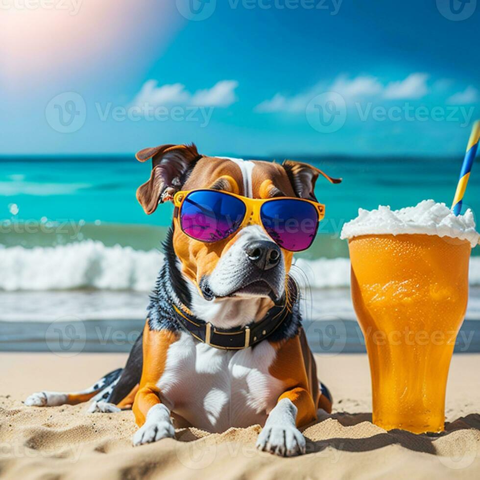 Dog drinking beer with sunglasses  relaxing on the beach background generative ai photo