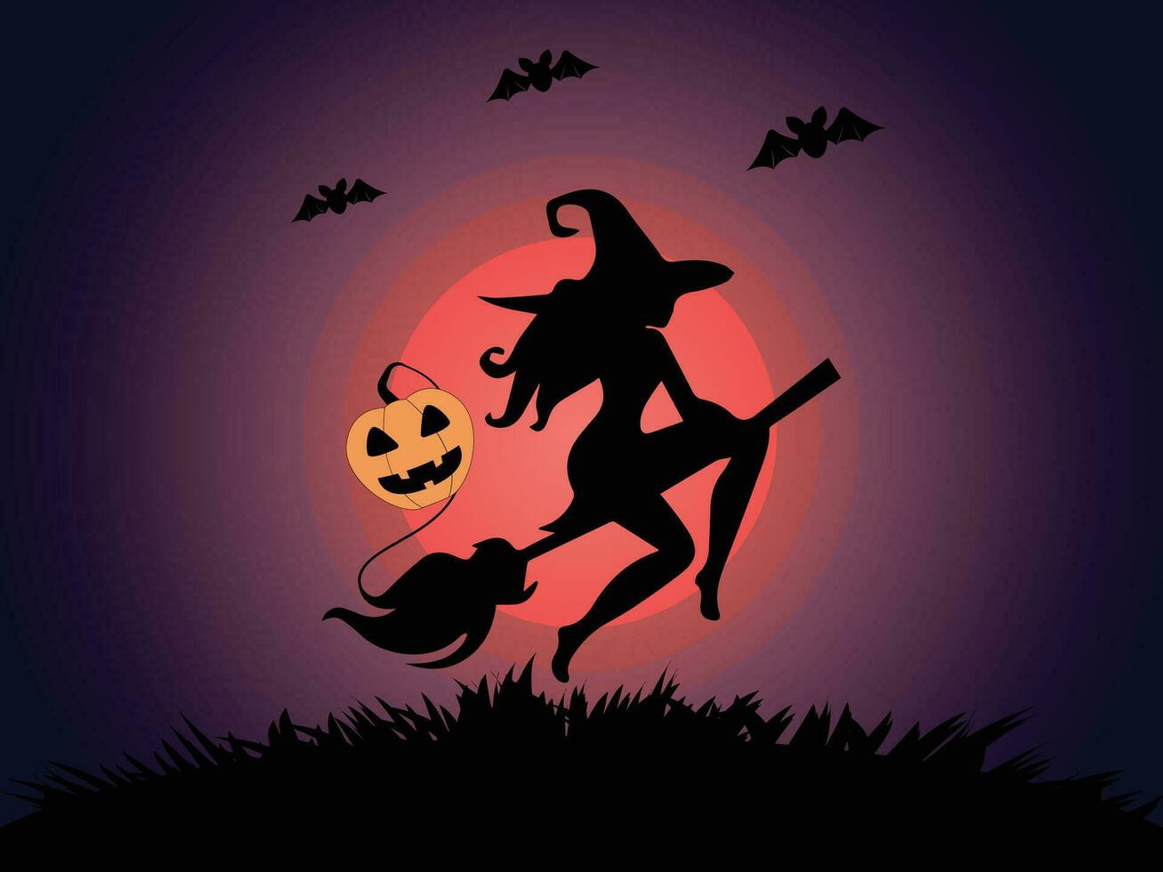 Halloween witch flying on horror background illustration vector