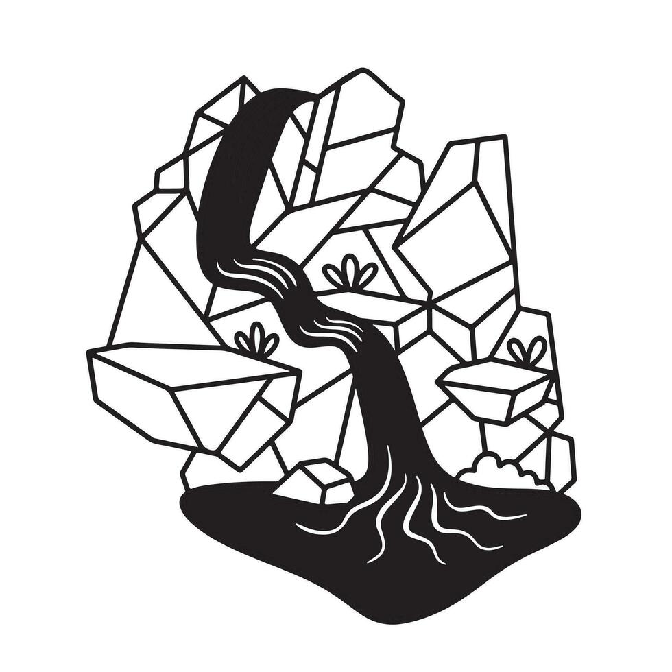 Simple waterfall icon polygonal vector illustration isolated on square white background. Simple flat natural scenery landscape drawing with monochrome black and white cartoon art style.