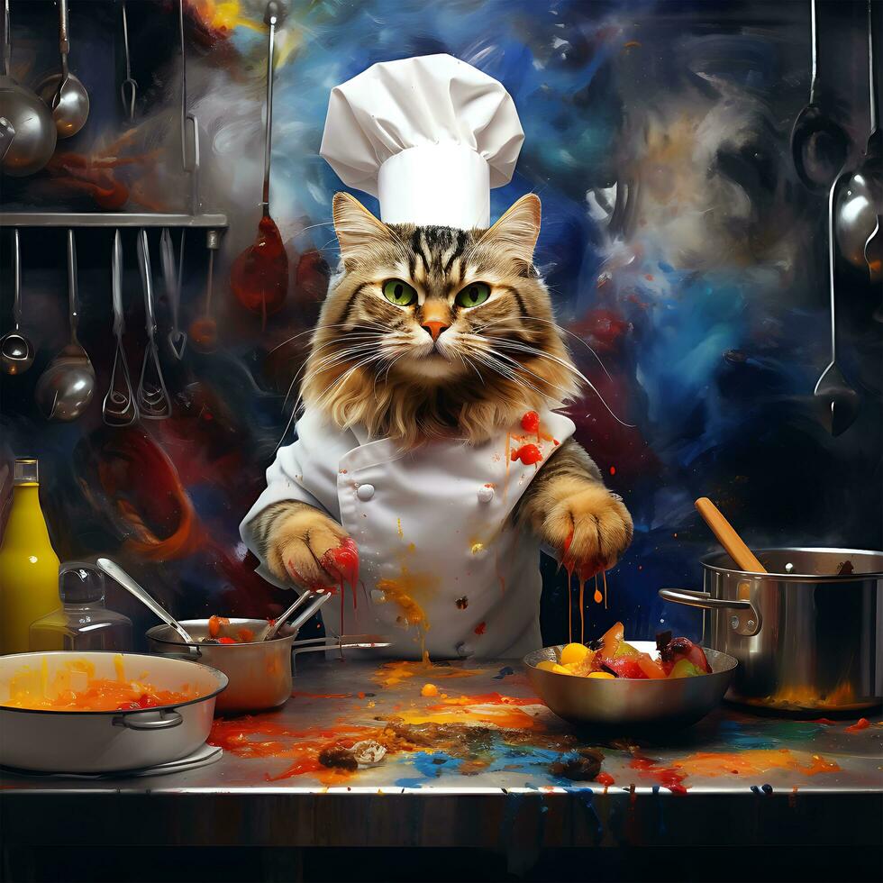 A Cat chef in a restaurant cooking food in a kitchen AI Generative photo