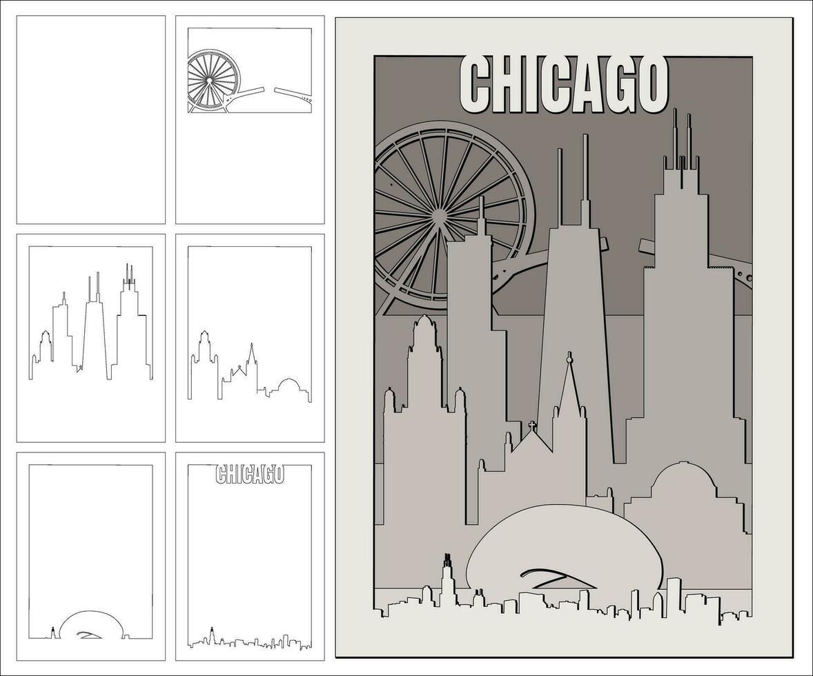 Chicago travel poster Cnc. laser cutting Vector