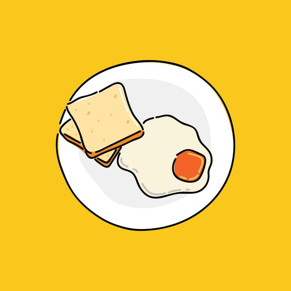 Breakfast 2 Breads and 1 egg on a white plate, in yellow background vector illustration design