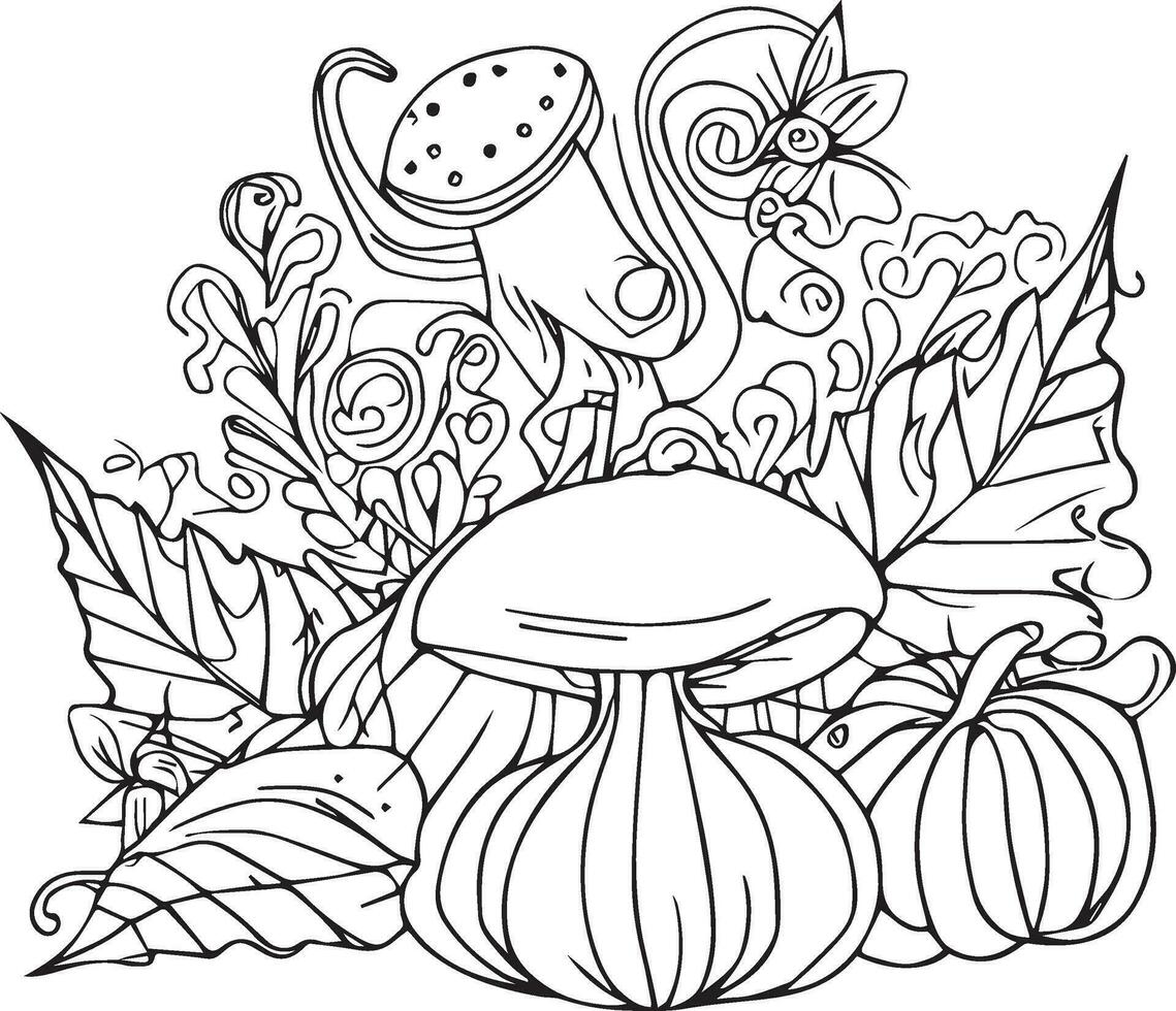 mushroom in the autumn season for coloring book pages, autumn leaf line drawings, fall leaves hand-drawn coloring sheets, preschool harvest coloring pages, printable harvest festival coloring pages vector