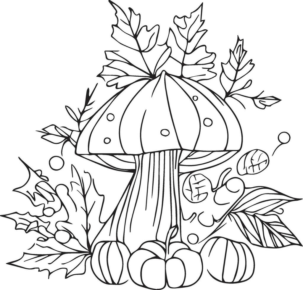 Fall coloring pages mushrooms illustration coloring pages, Autumn coloring pages, cute fall coloring pages, Autumn coloring pages for adults vector