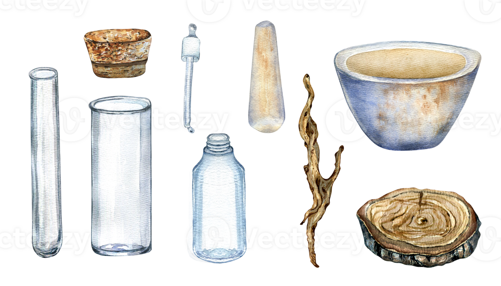 Set of glass flask transparent with cork, snag watercolor illustration isolated on white. Empty bottle, lab beaker, mortar, wooden stand hand drawn. Design element for label, package, wrapping. png