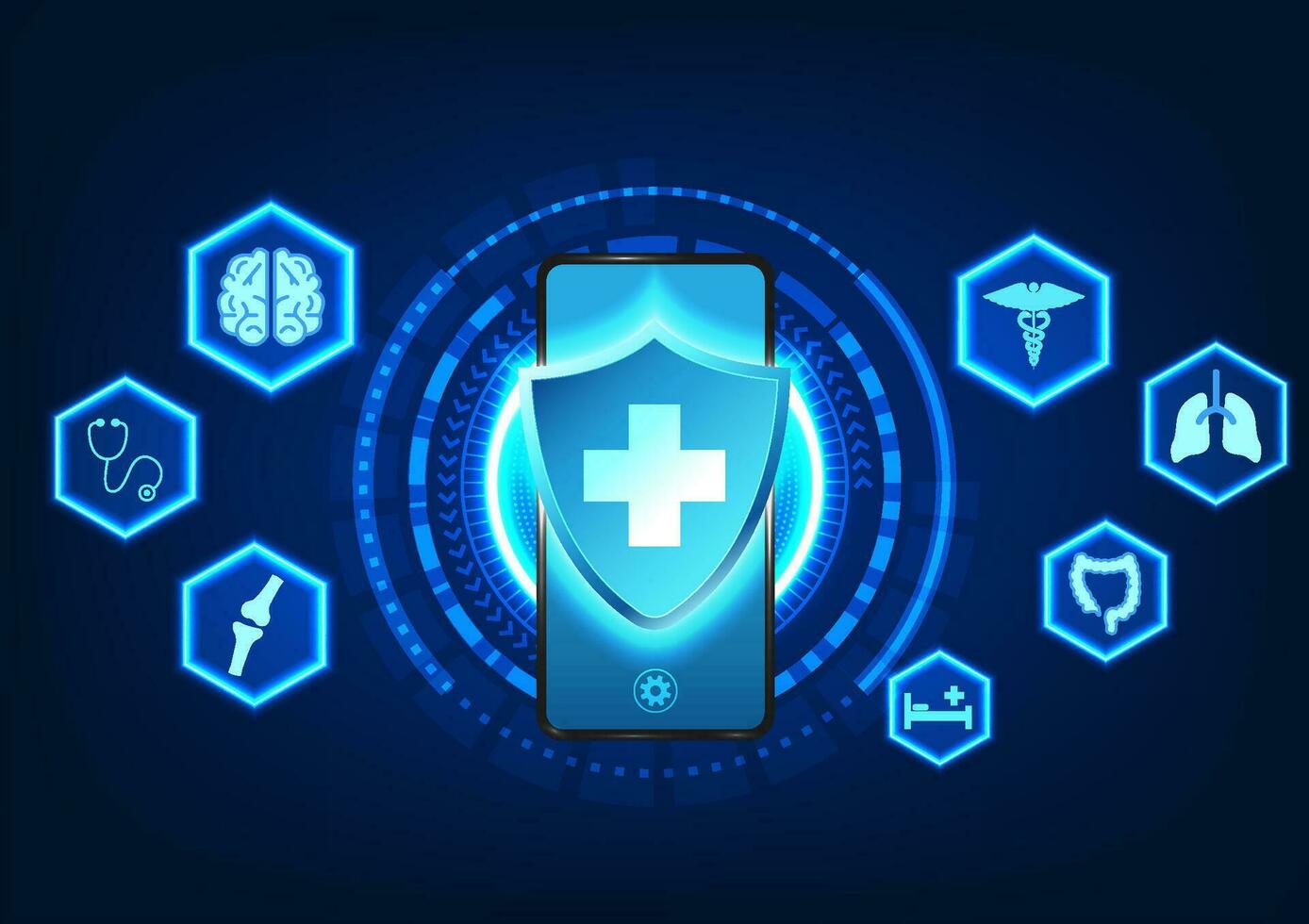 Medical technology The smartphone screen has a Medical Neutrality symbol and medical icons on the side, indicating medical technology that gives patients quick access to treatment. vector