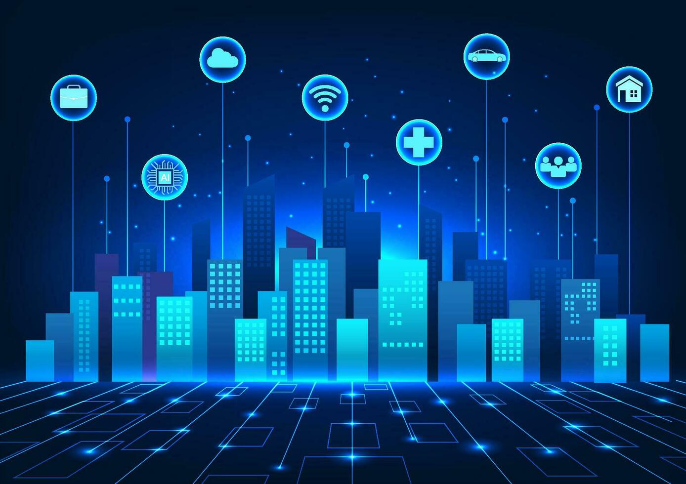 Smart city technology On top of the city there are interconnected icons. It represents a smart city that provides convenience to people. Both communication and medical systems vector