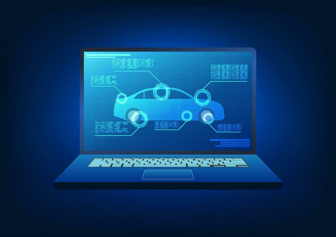 Technology that integrates with the car In order to access the performance of the car's systems, it helps to quickly analyze the details of the problem. The laptop screen has a car being scanned. vector