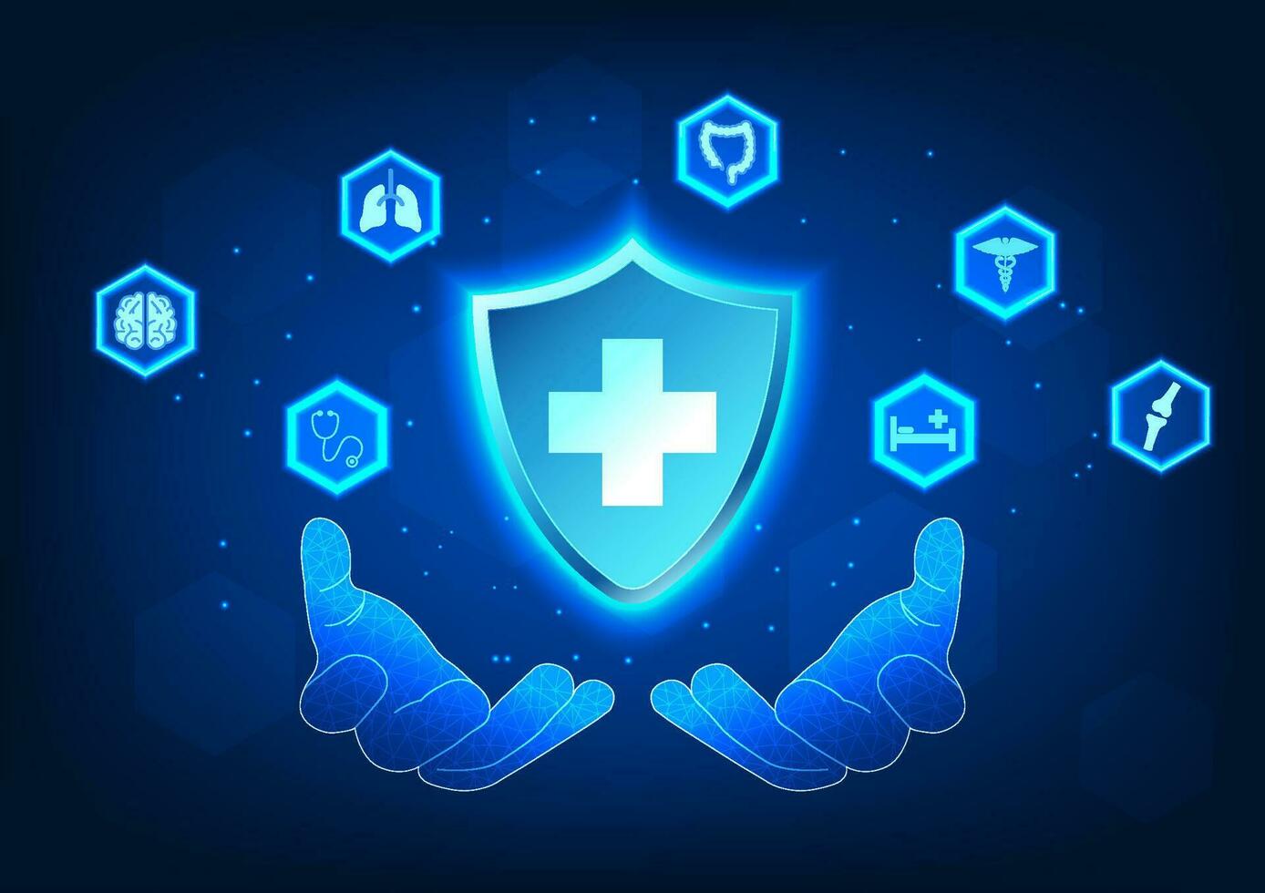 Medical technology A hand is holding a shield with the Medical Neutrality symbol with medical icons on the side. Refers to modern medical technology as a tool to help prevent disease and treat patient vector