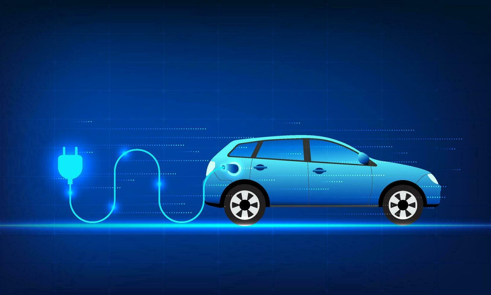 Electric car technology, a vehicle connected to an electrical outlet The technology in which vehicles use electric energy to drive is clean energy and there are electric car charging stations vector