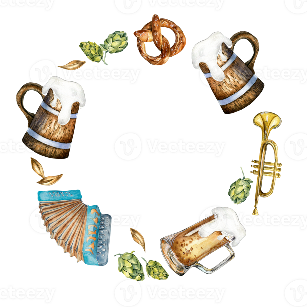 Circle frame of wooden barrel, pint of beer, German hat, accordion watercolor illustration isolated on white. Pretzel, trumpet, beer, hops hand drawn. Design for beer festival, mat, wrapping, sticker. png