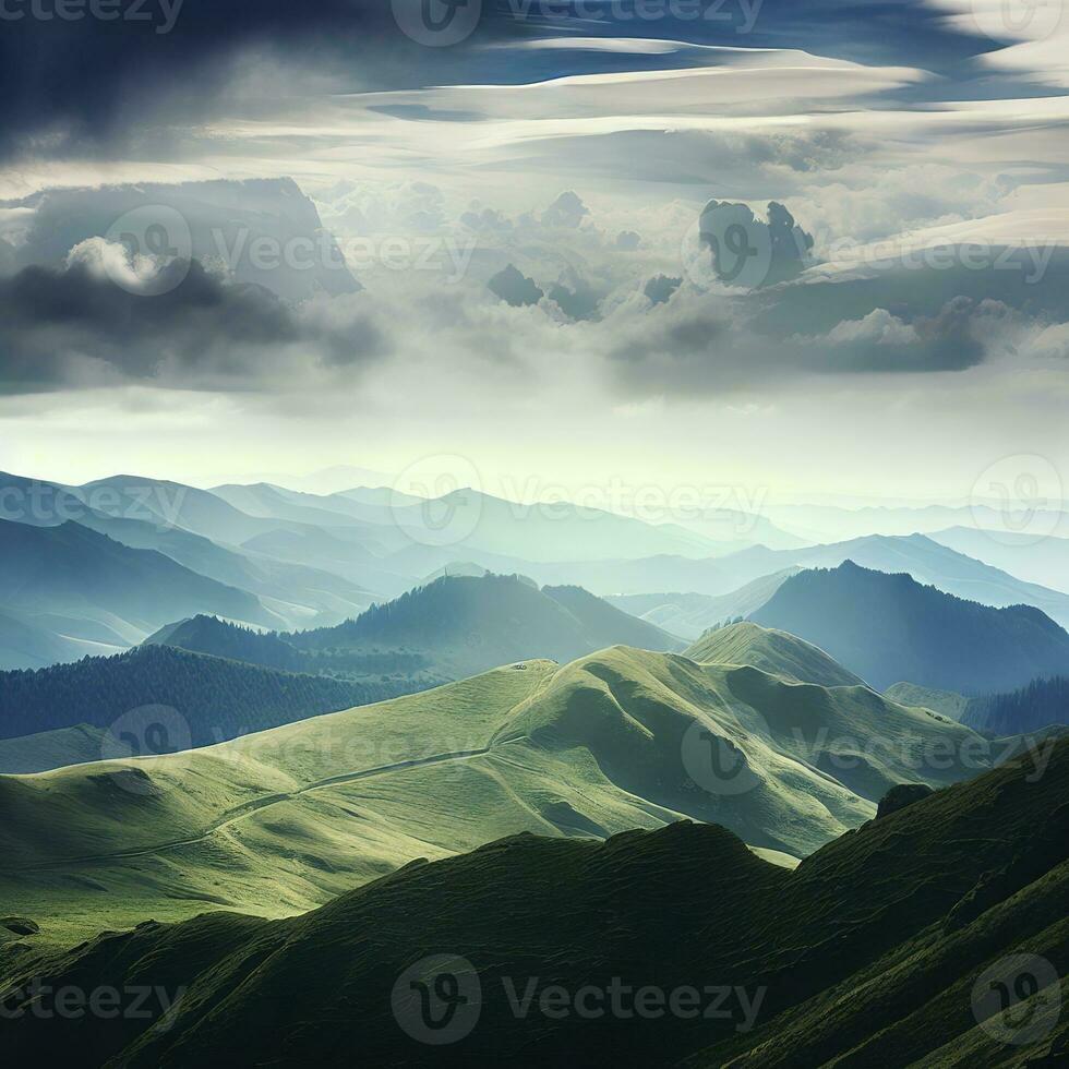 Beautiful view over the landscapes of the Ciucas mountain range under a cloudy sky. AI Generative photo