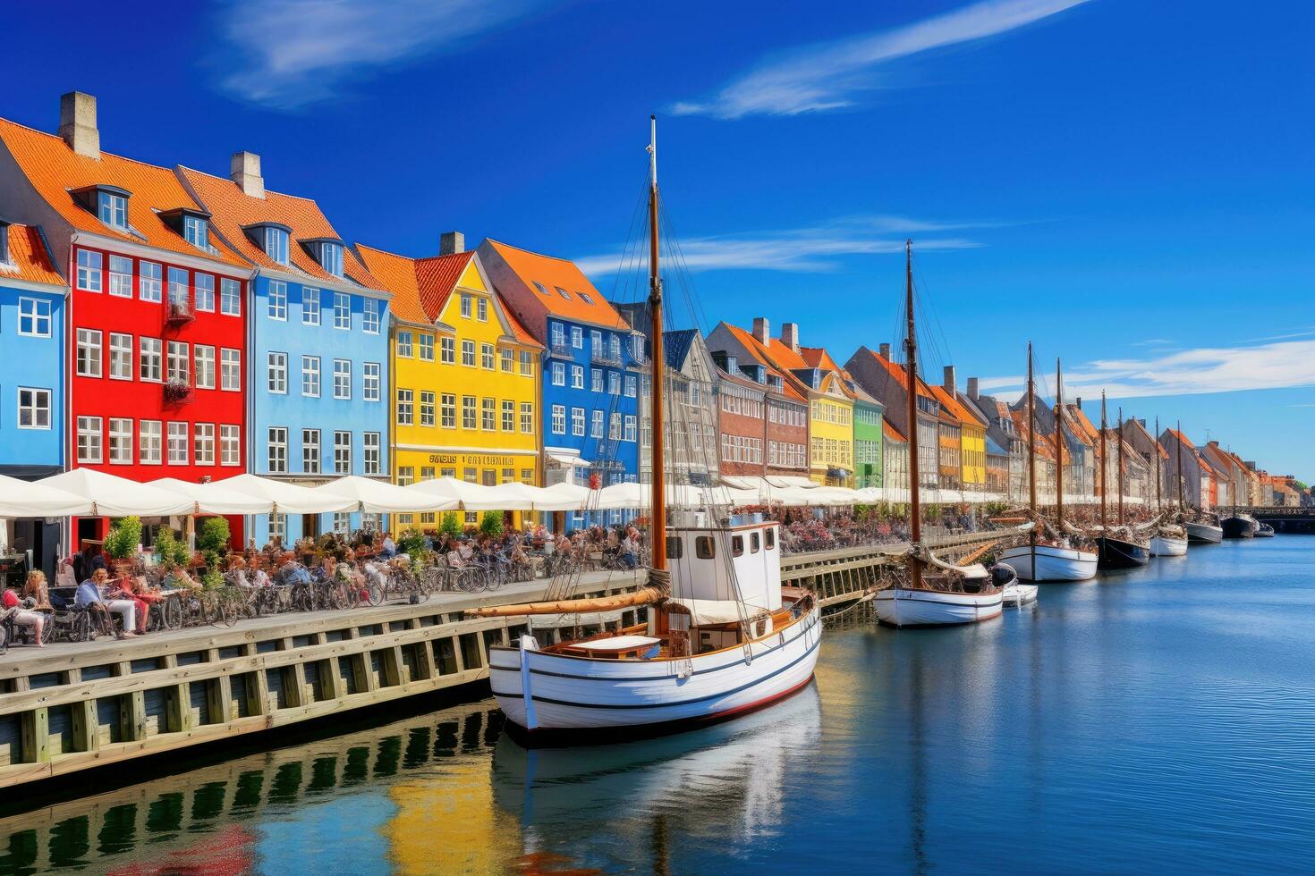 Nyhavn is one of the most popular tourist destinations in Copenhagen. Amazing historical city center. Nyhavn New Harbour canal and entertainment district in Copenhagen, AI Generated photo